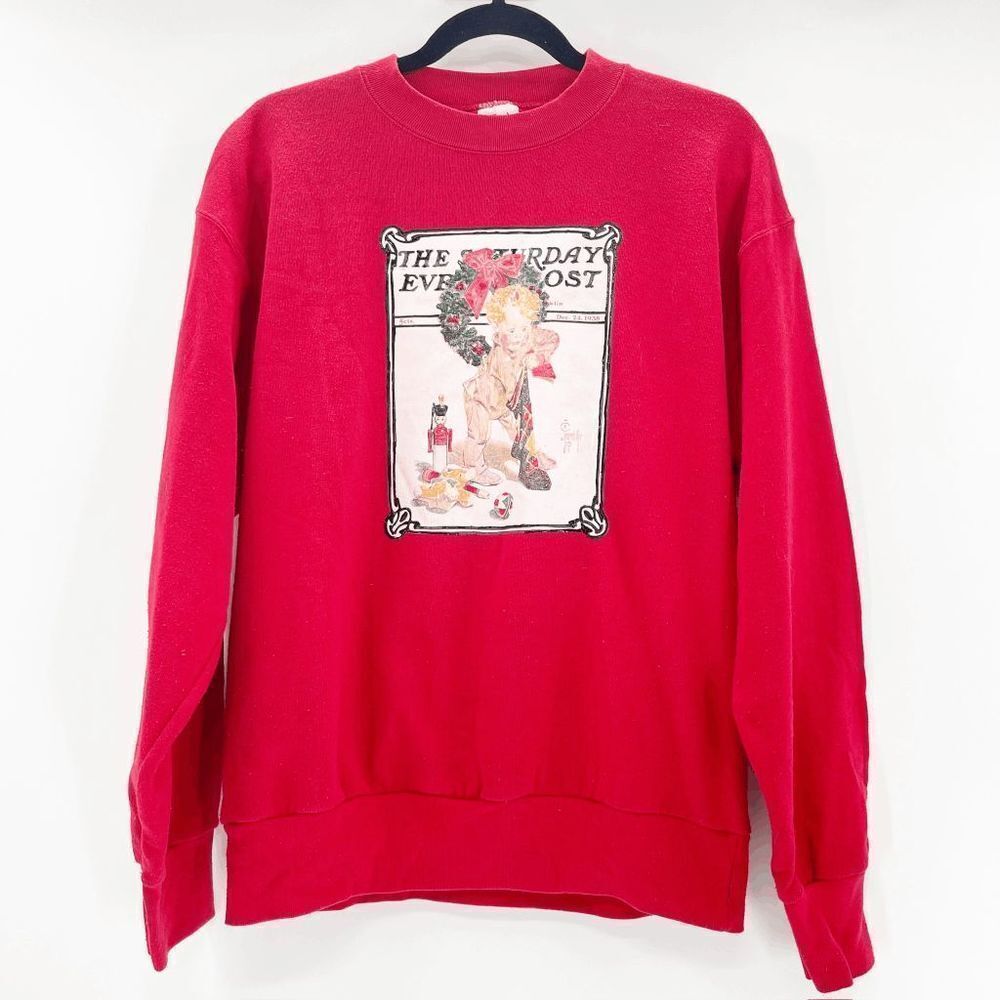 Vintage Saturday Evening Post Sweatshirt Red Graphic Crewneck Large